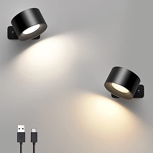 Image of Mexllex 2PCS LED Wall Light, Rechargeable LED Wall Lamps, 3 Brightness Levels 3 Colour Modes Wireless Sitck on Lights, 360° Rotatable Touch Control, Reading Lights Bedroom Night Lights Black