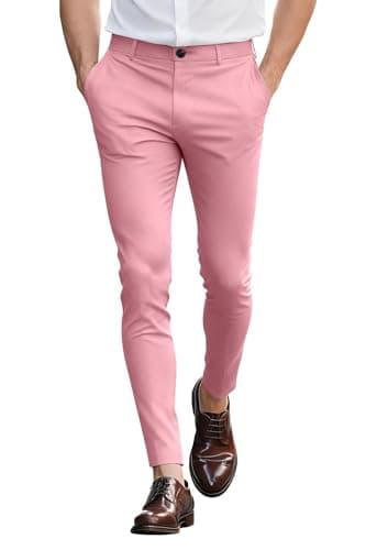 Image of GINGTTO Mens Chinos Trousers Skinny Fit Stretch Slim Flat Front Chino Pants for Men UK Tapered Leg Pink 30 Waist 30 Leg