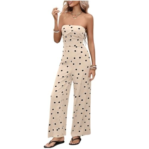 Image of Bandeau Jumpsuit for Women Uk Polka Dot Casual Ropmers Wide Leg Trousers Polka Dot Overalls Strapless Harem Pants Ladies Elegant Romper One Piece Playsuits Stretchy with Pocket Party Club Wedding