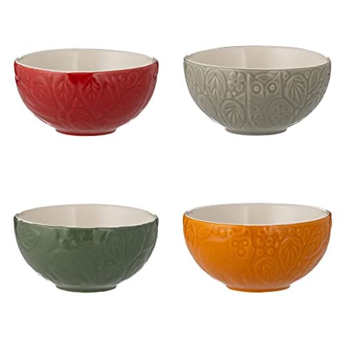 Image of Mason Cash in The Forest Preparation Bowls | Set of 4 Stoneware Dishes | Woodland Embossed Design in Grey, Red, Green & Ochre | 175ml Capacity | Ideal Pinch Pots, Dip & Dessert Bowls