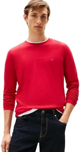 Image of Tommy Hilfiger Men’s Slim Fit Stretch Cotton Long Sleeve Top, Multicolor (Medium Red), S