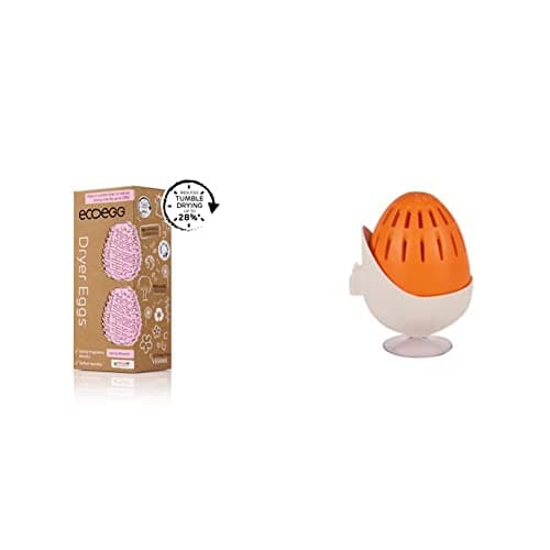 Image of ecoegg Dryer Egg | Reduces Drying Time | Tumble Dryer Balls replacement | Spring Blossom | 2 Eggs | 4 fragrance sticks | Approx 40 Dries & Laundry Egg Holder, White, 10x8x8 cm