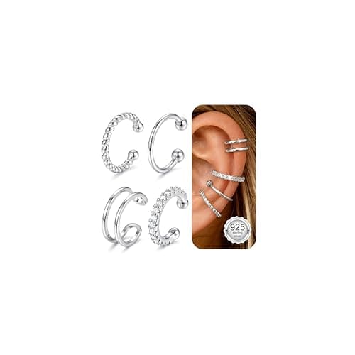 Image of Adramata 4Pcs 925 Sterling Silver Ear Cuff Earrings for Women Hypoallergenic Clip On Earrings Adjustable Ear Cuff No Piercing Fake Earring Piercings Cartilage Helix Wrap Earring Silver/Gold Plated