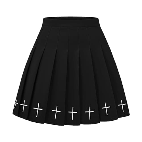 Image of DINGJIUYAN Women's Kpop Fashion Pleated Mini Skirt Gothic Punk Black Cross Embroidery Skirt
