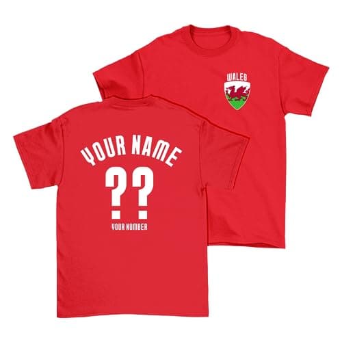 Image of buzz shirts Personalised Wales T-Shirt, Adults Kids Baby Family, Name/Number Chest Badge Made from Red