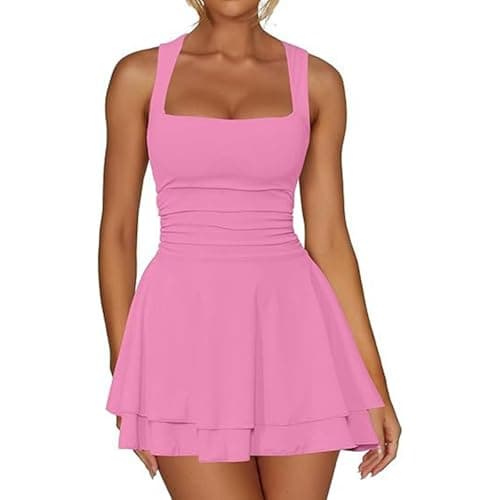 Image of Generisch Popular Pleated Waist Square Neck Short Hem Knitted V Neck Mini Dress, pink, M