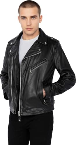 Image of Schott NYC Men's Biker Leather Long Sleeve Jacket, Black, Large