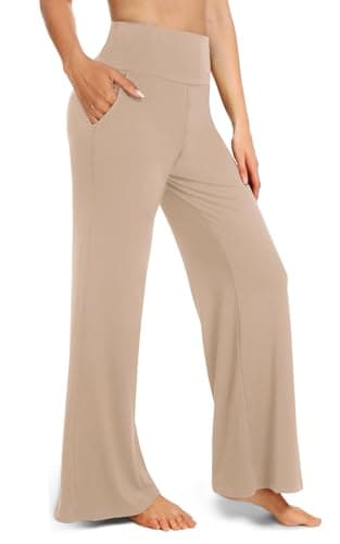 Image of BLONGW Yoga Pants for Women Wide Leg Trousers UK–High Waist Work Casual Pants with Pockets, Light Apricot Womens Trousers, Perfect Woman Outfit for Thanksgiving & Going-Out(Small)