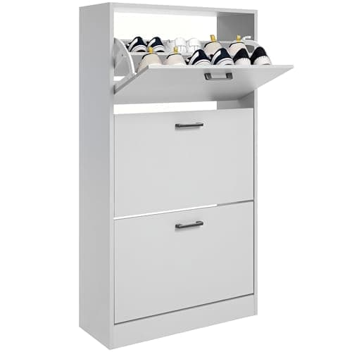 Image of Blisswood 3 Drawer Shoe Cabinet Cupboard, Pull Down Shoe Storage Organiser Wooden Furniture Unit, 3 Tier Entryway Shoe Rack Cabinet Footwear Stand for Living Room Hallway Furniture (Light Grey)