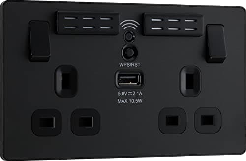 Image of BG Electrical Double Switched Power Wall Plug Socket with Type A USB Charging Port and Wi-Fi Extender, Evolve, Matt Black, 13A, PCDMB22UWRB
