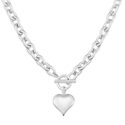 Image of WOWORAMA Matte Silver Chunky Heart Necklace for Women Thick Chunky Chain Choker Necklaces Large Puffy Toggle Heart Pendant Necklace
