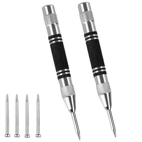 Image of Automatic Centre Punch, 2 Pack Heavy Duty Spring Loaded Centre Punch with 2 Extra Bits, Adjustable Tension, Polished Steel, Rustproof Round Head Design, Suitable for Metal, Glass, Wood & DIY Projects