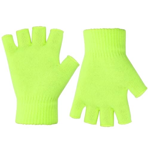 Image of NZKNP Fingerless Gloves for Women & Men - Warm Knitted Mittens for Typing & Half Finger Gloves, Fluorescent Yellow, 1 Pair