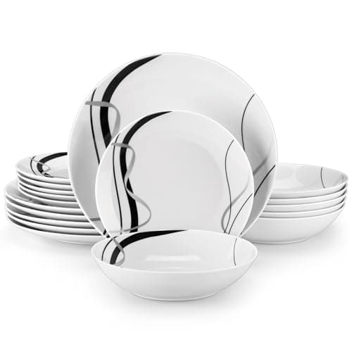 Image of VEWEET Porcelain Dinnerware Sets for 6, 18 Pieces Plates and Bowls Set with Black and Grey Ribbon Lines, Dishes Set Dining Ware for Dinner, Microwave and Dishwasher Safe, Series Fiona