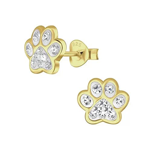 Image of Dog Cat Paw Print Earrings with Clear Crystal Stones - 925 Sterling Silver Gold Plated