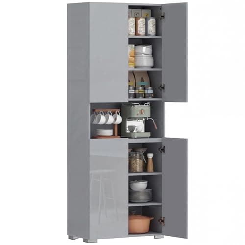 Image of HOMCOM 180 cm Tall Kitchen Cupboard, Pantry Storage Cabinet with Soft Close Doors and Adjustable Shelves, Freestanding Kitchen Cabinet for Dining Room, High Gloss Grey