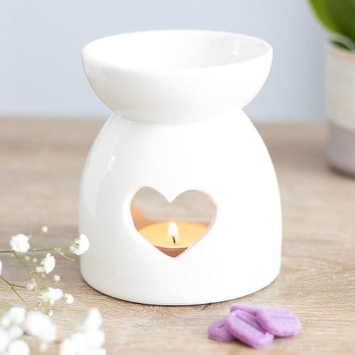 Image of Ceramic White Heart Oil Burner – Essential Oil Wax Aroma Diffuser with Tealight Candle Holder, Home Decor Aroma Gift Lamp, for Women Men