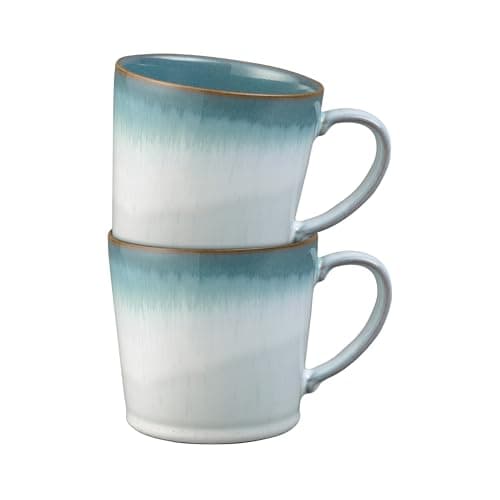 Image of Denby - Azure Haze Blue Coffee Mug Set of 2-400ml Large Stoneware Ceramic Tea Mug Set for Home & Office - Dishwasher Safe, Microwave Safe - Blue, White Reactive Gradient Glaze - Chip Resistant