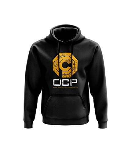 Image of OCP Robot Hoodie Sci-Fi Classic Movie Police Officer Crime Cyborg Present Ideas Twin Needle Stitch Detailing 80% Ringspun Cotton 20% Polyester Kangaroo Pouch Pocket (Black, XL)