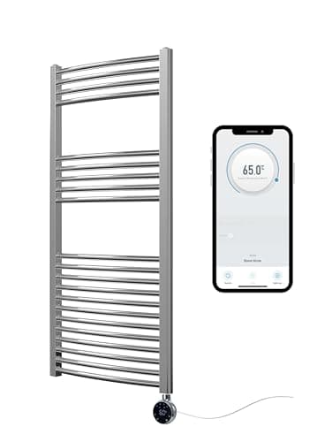 Image of Greened House Chrome Electric Smart WiFi Controlled Heated Towel Rail 500mm W x 1200mm H Curved 7 Day Programmable Timer App Compatibility
