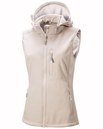 Image of 33,000ft Women's Lightweight Softshell Gilets with Hood Sleeveless Jacket Waterproof Windproof Vest Lady's Fleece Lined Vest with 5 Zip up Pockets Light Khaki M