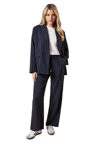 Image of Dorothy Perkins Women’s Elasticated Waist Wide Leg Stripe Trousers, Wide Leg, Stripe, All Season, Office, Workwear, Smart Casual Navy