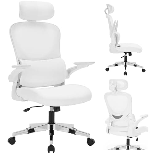 Image of Nyxi Office Chair Ergonomic Computer Desk, Work & Study Chair, Executive High Mesh Back, Foldable 3D Armrests, Lumbar Support, Adjustable Headrest, Swivel, Silver Metal Base (White, Model 782)