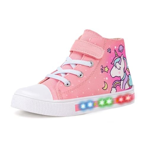 Image of Girls Trainers Kids High-Top Flashing Canvas Shoes Unisex Child Light Up Lightweight Casual Shoes Unicorn Size 10