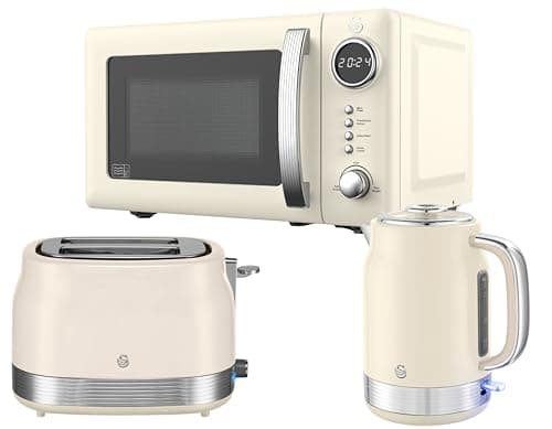 Image of Swan Retro Revive Cream Kitchen Appliance Bundle – 1.7L Rapid Boil Kettle, 2 Slice Toaster & 800W 20L Digital Microwave, Retro Gloss Finish with Chrome Accents