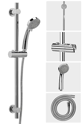 Image of Croydex Essentials Three Function Shower Riser Rail Kit - 69cm Riser Rail, Shower Head with 3 Spray Patterns, 1500mm Reinforced PVC Shower Hose, Adjustable Slider and a Soap Shelf