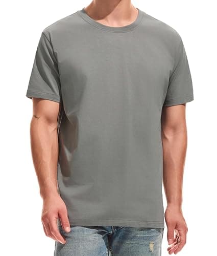 Image of RONOMO Men's Solid Colour T-Shirt 95% Cotton 5% Spandex | Pre-Shrunk Washed | Reinforced Ribbed Collar | Colourfast | Casual Basic Tee Slim Fit（LW Grey L