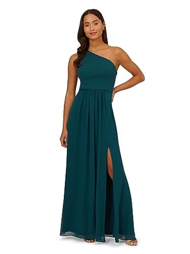 Image of Adrianna Papell Women's One Shoulder Chiffon Gown Special Occasion Dress, Hunter, 14