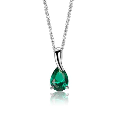 Image of MIORE Gold Necklaces for Women, Pendant in 9ct 375 White Gold with Pear Shape Green Emerald Gemstone, Necklace Chain 925 Sterling Silver 45cm Long Chain, Gold Jewellery for Women with Jewellery Box