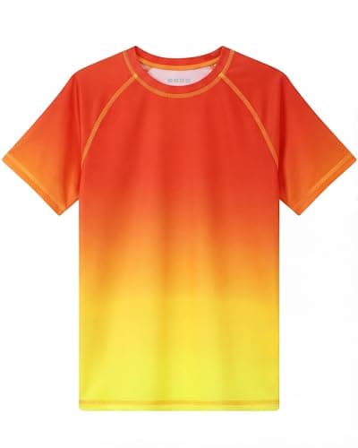 Image of Runhit Rash Vest Kids Short Sleeve, UPF 50+ Sun Protection Boys UV Swim Top, Quick Dry Rash Guard T Shirt for Beach Running Fishing Surfing Outdoor Sport, Orange Gradient Age 13-14 Years