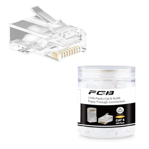 Image of FGB 100-Pack RJ45 Cat 6 Pass-Through Connectors, RJ45 Connectors, Cat6 Connector, Gold-Plated Ethernet Crimp Plugs for Cat6/Cat5/Cat5e UTP Solid and Stranded Ethernet Cable