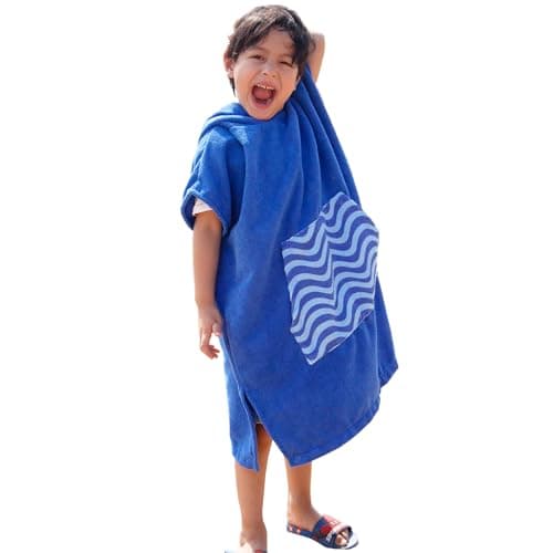 Image of DiaryLook Kids Swimming Changing Robe with Hood, Beach Poncho Towel with Pockets Boys & Girls Quick Dry, Bath Robe Surfing Watersport Blue Stripes 6-9 Years