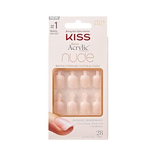 Image of KISS Salon Acrylic French Nude Collection, Breathtaking, Real Short Length Nude Fake Nails, Includes 28 False Nails, Nail Glue, Nail File, and Manicure Stick
