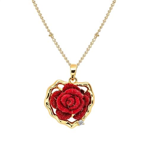Image of Oidea Rose Necklaces for Women: Golden Heart-shaped Cubic Zirconia Red Rose Flower Pendant Necklace Eternal Love Valentines Day Birthday Jewelry Gifts for Her Wife Girlfriend