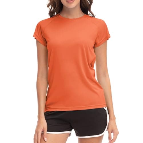 Image of MEETWEE Swim Shirts for Women, Short Sleeve T Shirt Athletic Casual Tops Quick Dry UPF 50+ Running Surfing Workout Yoga Sun Tee Shirts Orange