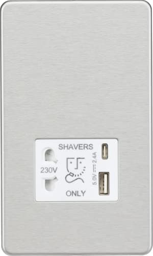 Image of Knightsbridge Screwless Shaver socket with dual USB A+C (5V DC 2.4A shared) - brushed chrome with white insert