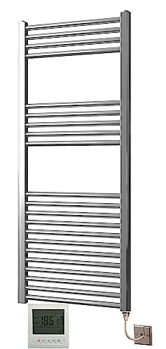 Image of Greened House Electric Chrome 500w x 1200h Flat Towel Rail + Timer and Room Thermostat