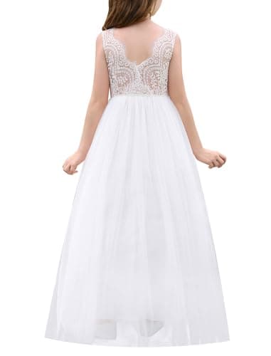 Image of EFOGEP Flower Girl Lace Dress Elegant Sleeveless V Back Tulle Party Maxi Dresses Kid Girls Wedding Bridesmaid First Communion Birthday Pageant Princess Prom Ball Gown White 7-8 Years