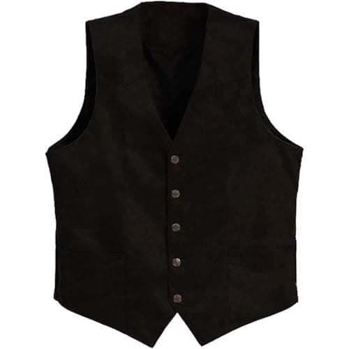 Image of Acrawnni Men's V-Neck Suit Vest Button-up Western Cowboy Suit Vest Slim Fit Faux Suede Leather Dress Vests Waistcoat for Wedding (A-Black, XXL)