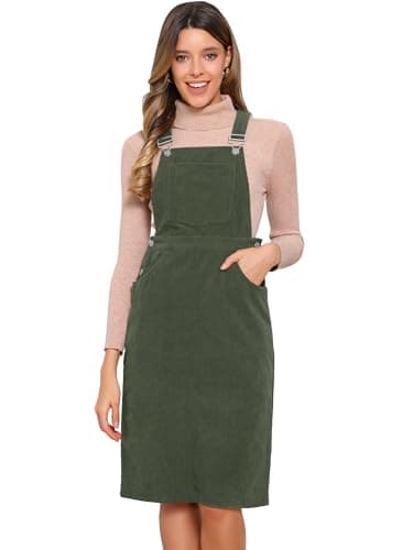 Image of Allegra K Corduroy Overall Dress for Women Midi Length Adjustable Straps Pockets Square Neck Casual Pinafore Dress Army Green L