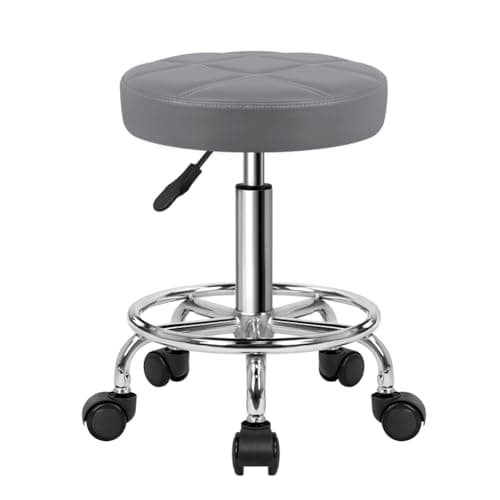 Image of KKTONER Round Rolling Stool Chair PU Leather Height Adjustable Swivel Drafting Work SPA Shop Salon Stools with Wheels Office Chair Small (Gray)