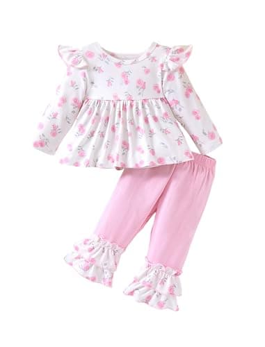 Image of CUGOGO Baby Girl Clothes Toddler Girl Fall Outfit Long Sleeve Ruffle Shirt Cute Pant Clothing Sets,Pink,18-24 Months