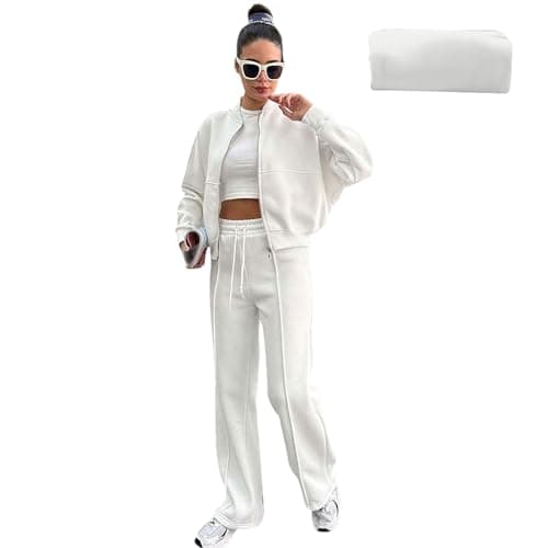Image of amropi Women's Tracksuit Fur Lined Zipper Jacket Top and Jogging Pants 2 Pieces Sweatsuit Set White, L