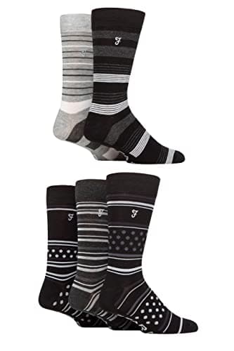 Image of Farah Mens Bamboo Socks Plain and Patterned Striped Argyle Spotty Designs, Bright Colourful, Gift for Him, 5 Pairs - Stripe and Dots Black/Charcoal 6-11