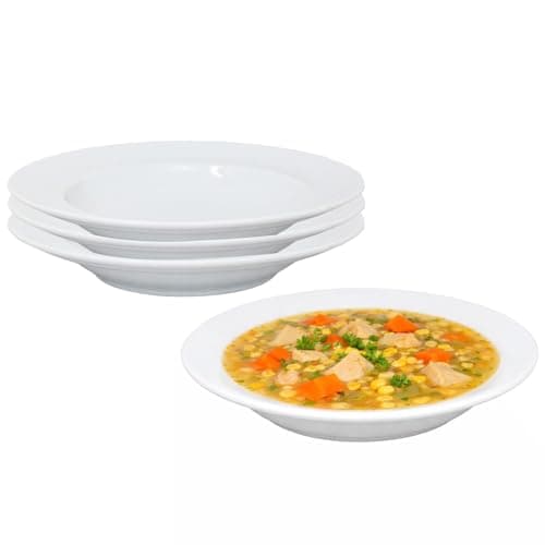 Image of UNIQUE HOME LIVING Vintage White Soup Plates, 22.5cm Soup Plate with Rim, Set of 4 Premium Porcelain Salad Pasta Bowls, Deep Food Plates for Home, Restaurants, Durable, Microwave & Dishwasher Safe