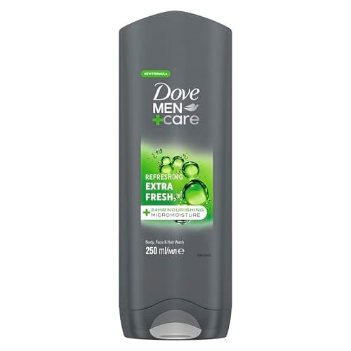 Image of Dove Men+Care Refreshing Extra Fresh Men's 3-in-1 Hair, Face and Body Wash Body Cleanser shower gel with 24 hour nourishing MicroMoisture technology for healthy and smooth skin all day 250 ml